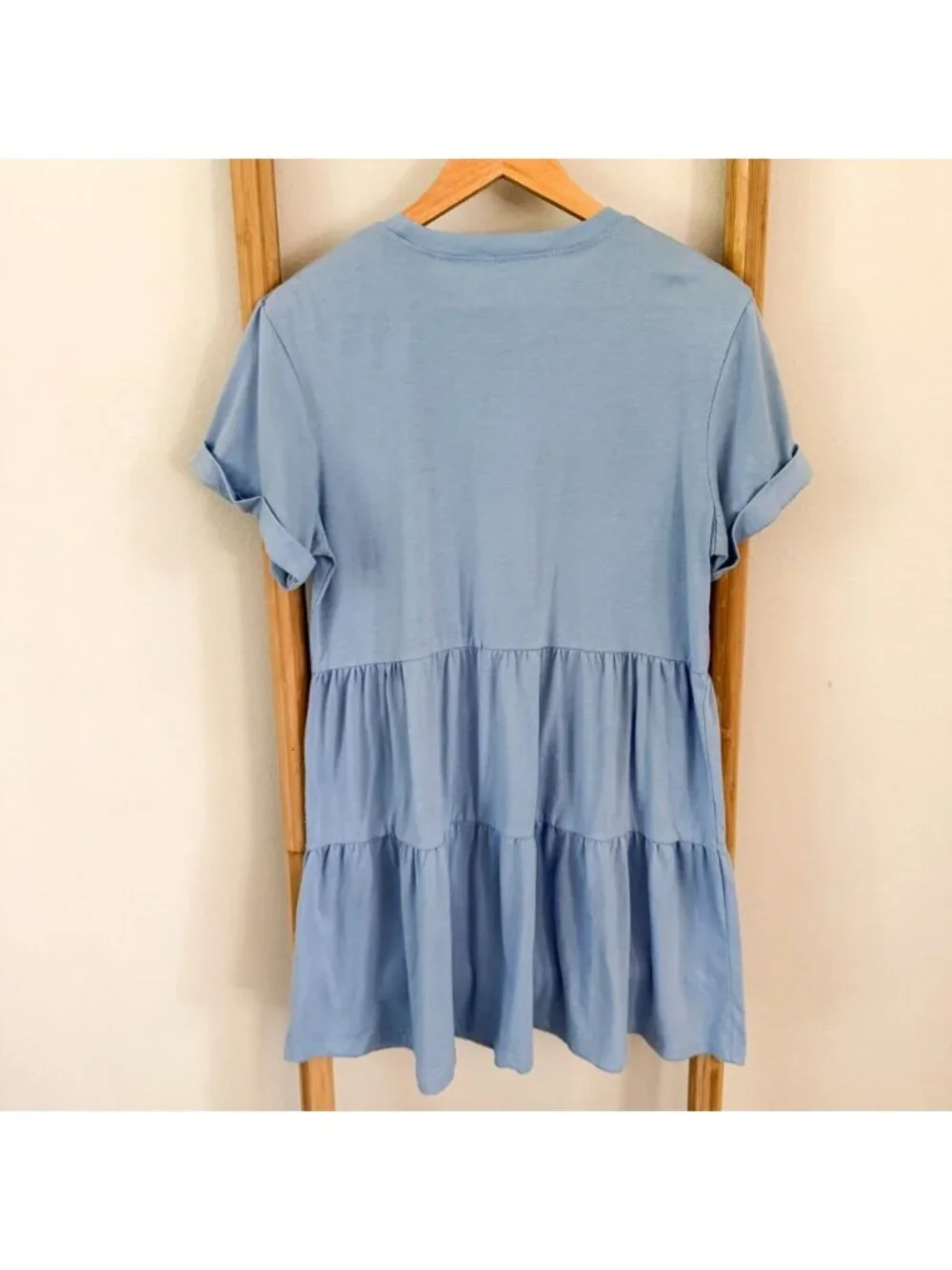 SHEIN Light Blue Rolled Cuff Short Sleeve Tiered Babydoll Mini Dress Size Small
